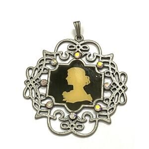 Pendant Faux Cameo Girl Portrait Pewter Tone Vintage Rhinestones AB